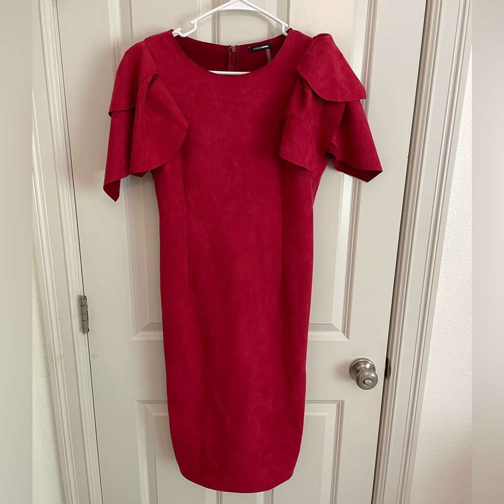 Bodycon Fashion Nova red dress puff sleeves midi